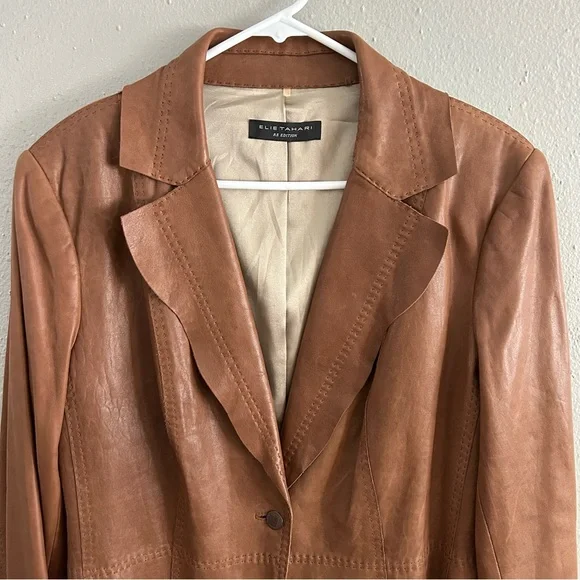 Elie Tahari Re Edition Brown Genuine Leather Blazer Size XL Jacket Soft Buttery - Picture 2 of 10